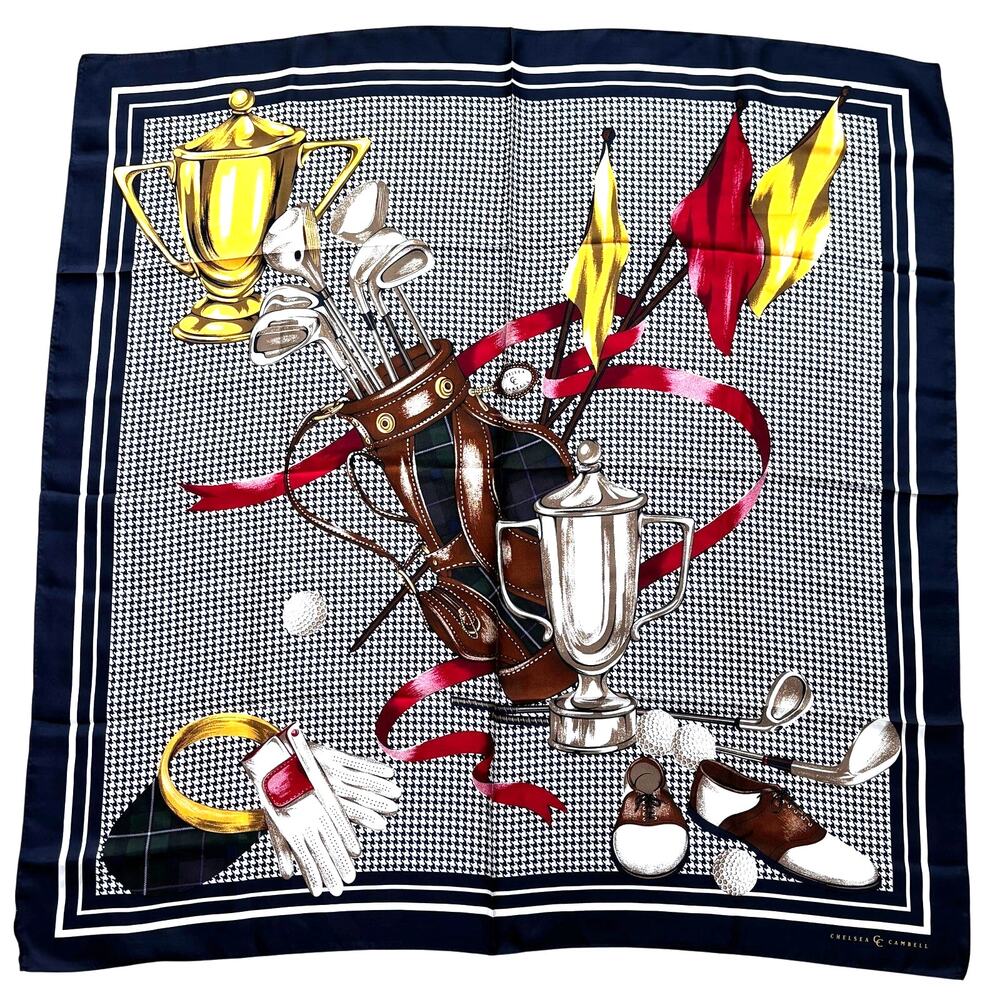 NWT Chelsea & Cambell golf theme silk scarf large 34" square navy blue & white
